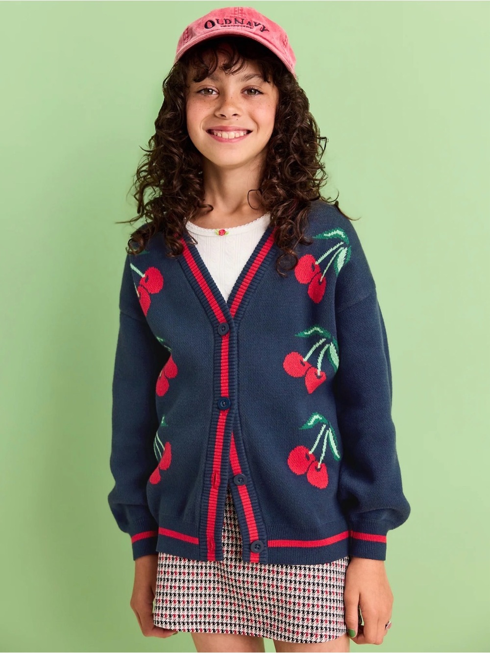 Old Navy Slouchy Long-Sleeve Cherry Print Cardigan Sweater, Navy/Red, Size M (8)